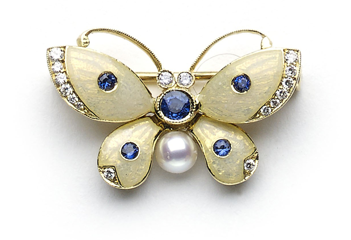 Sapphire, diamond and pearl enamel butterfly brooch